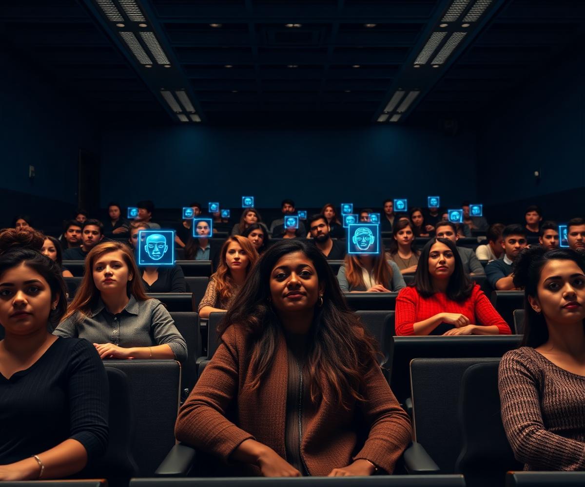 Students in a lecture hall being recognised by an AI attendance system
